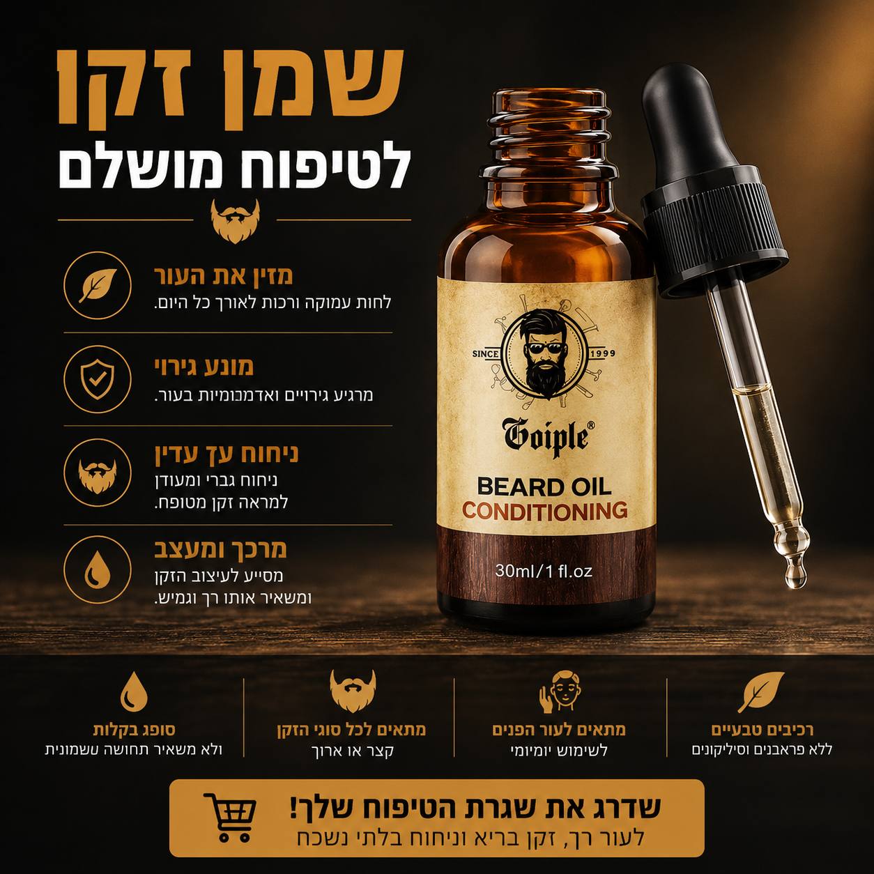 ערכת טיפוח לזקן GOIPLE – שמפו, שמן ובאלם לזקן רך ובריא ✨🧔